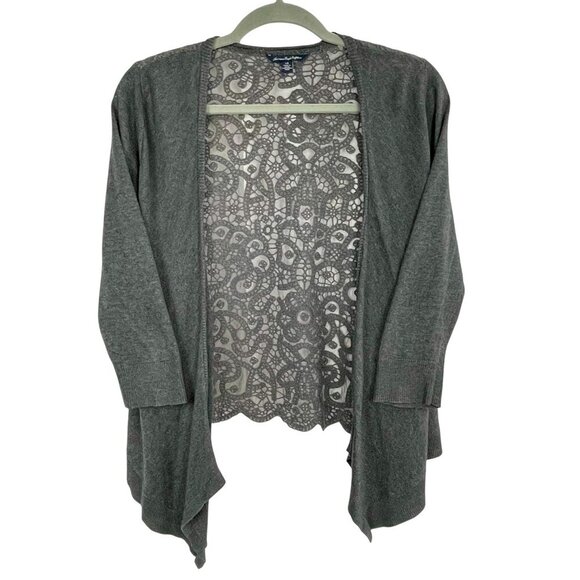 American Eagle Cotton Blend Lace Back Open Front Gray Cardigan Women's L Cottage - Picture 1 of 13
